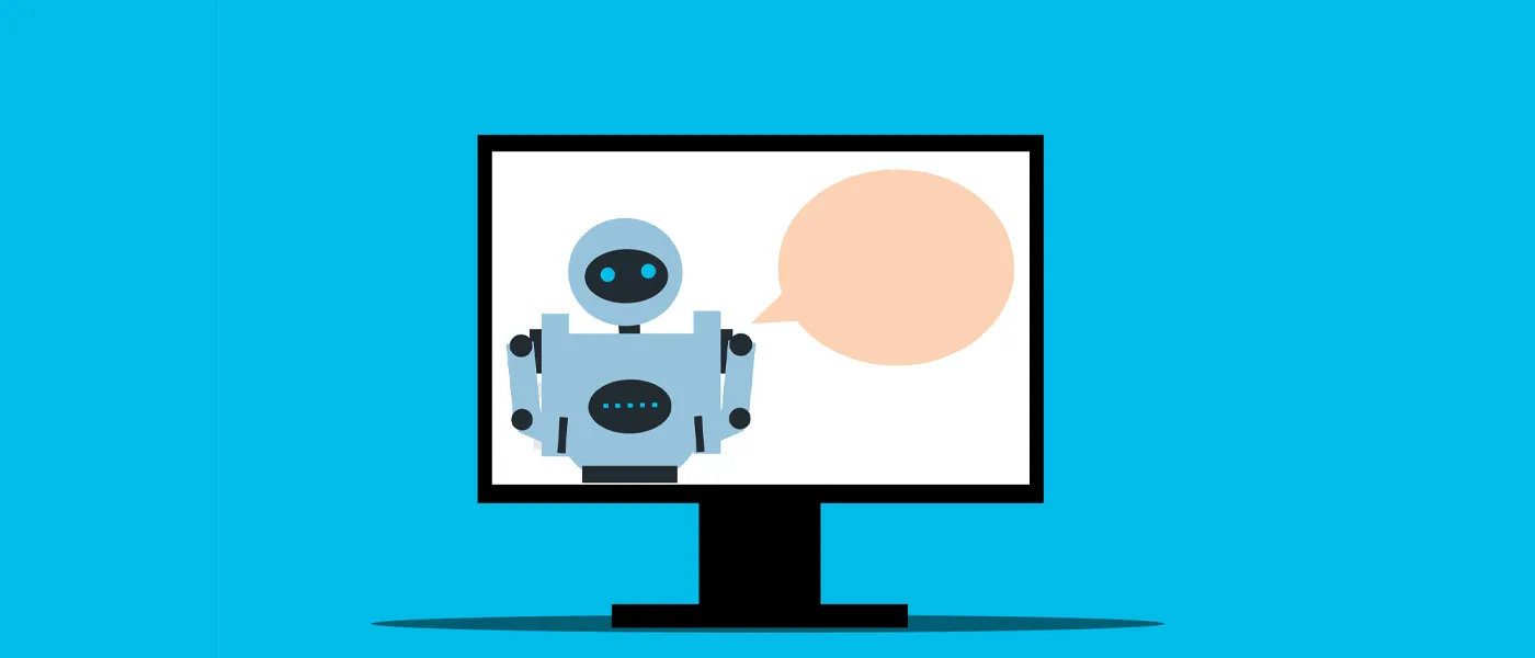 Illustratie van een AI-assistent met een tekstballon op een computerscherm, voor AI-automatisering bij mkb en zzp