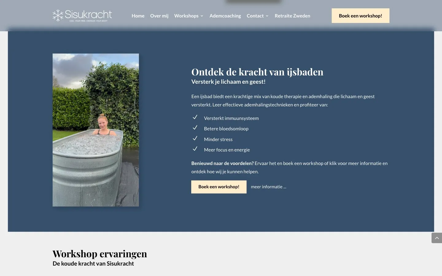 Het blok 'Ontdek de kracht van ijsbaden' met een deelnemer in het ijsbad