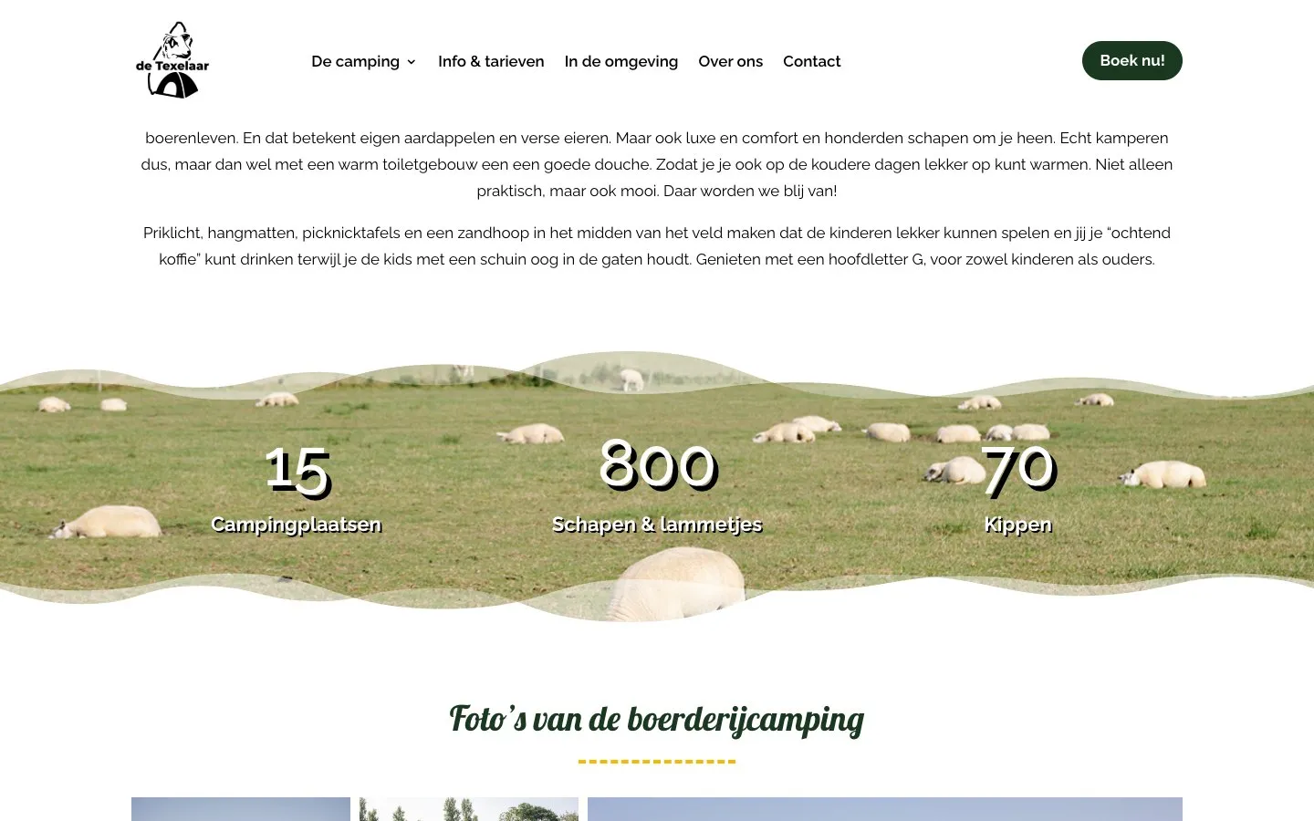 Een blok over de boerderijcamping op de site van Camping de Texelaar