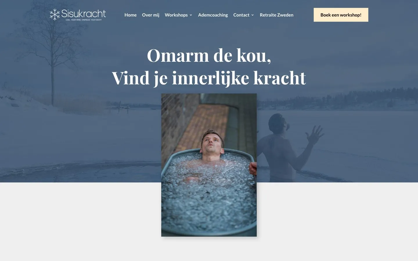 De homepage van Sisukracht op desktop, met de kop 'Omarm de kou, vind je innerlijke kracht'