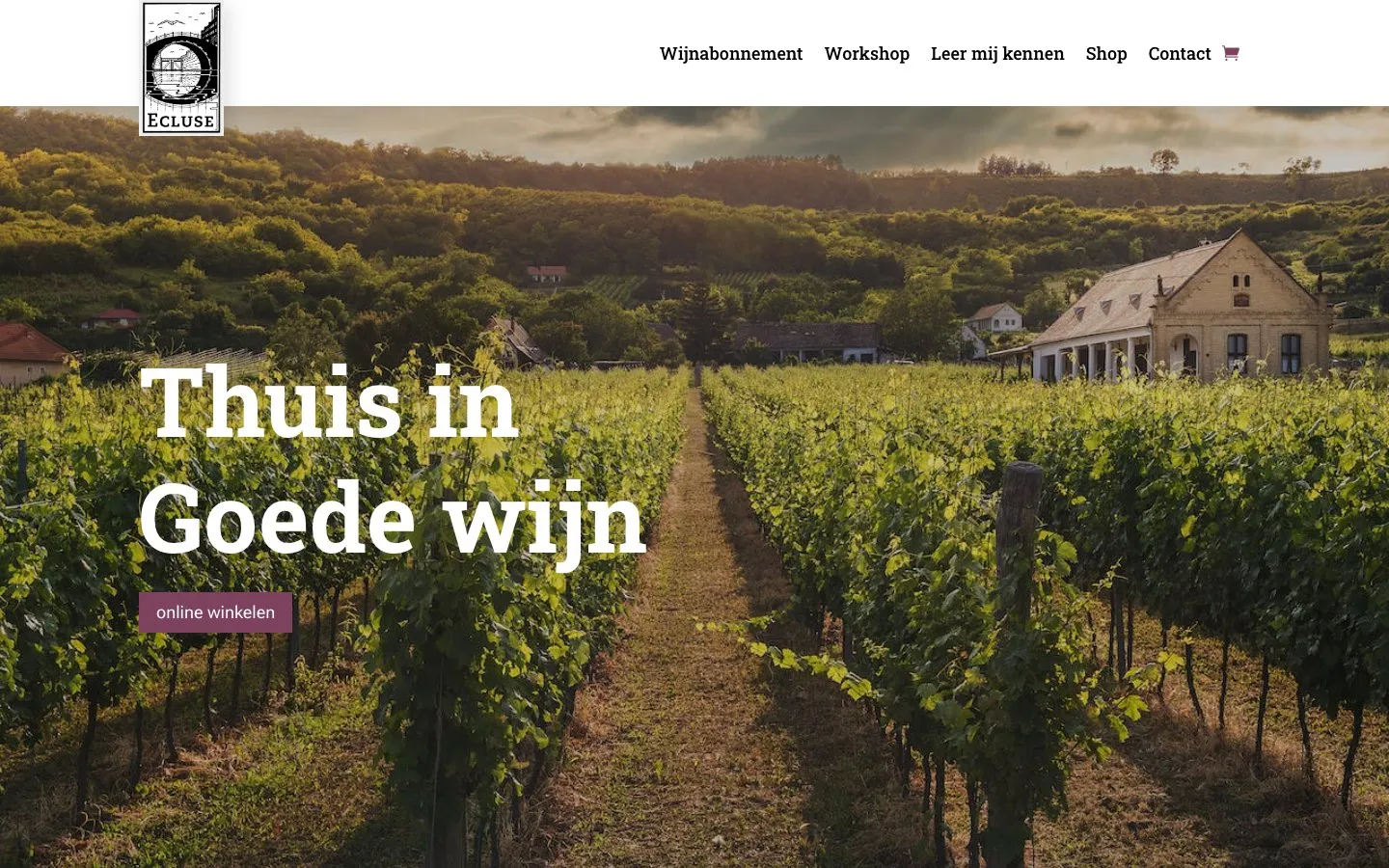 De homepage van Ecluse Wijnen op desktop, met een wijngaard en de kop 'Thuis in goede wijn'