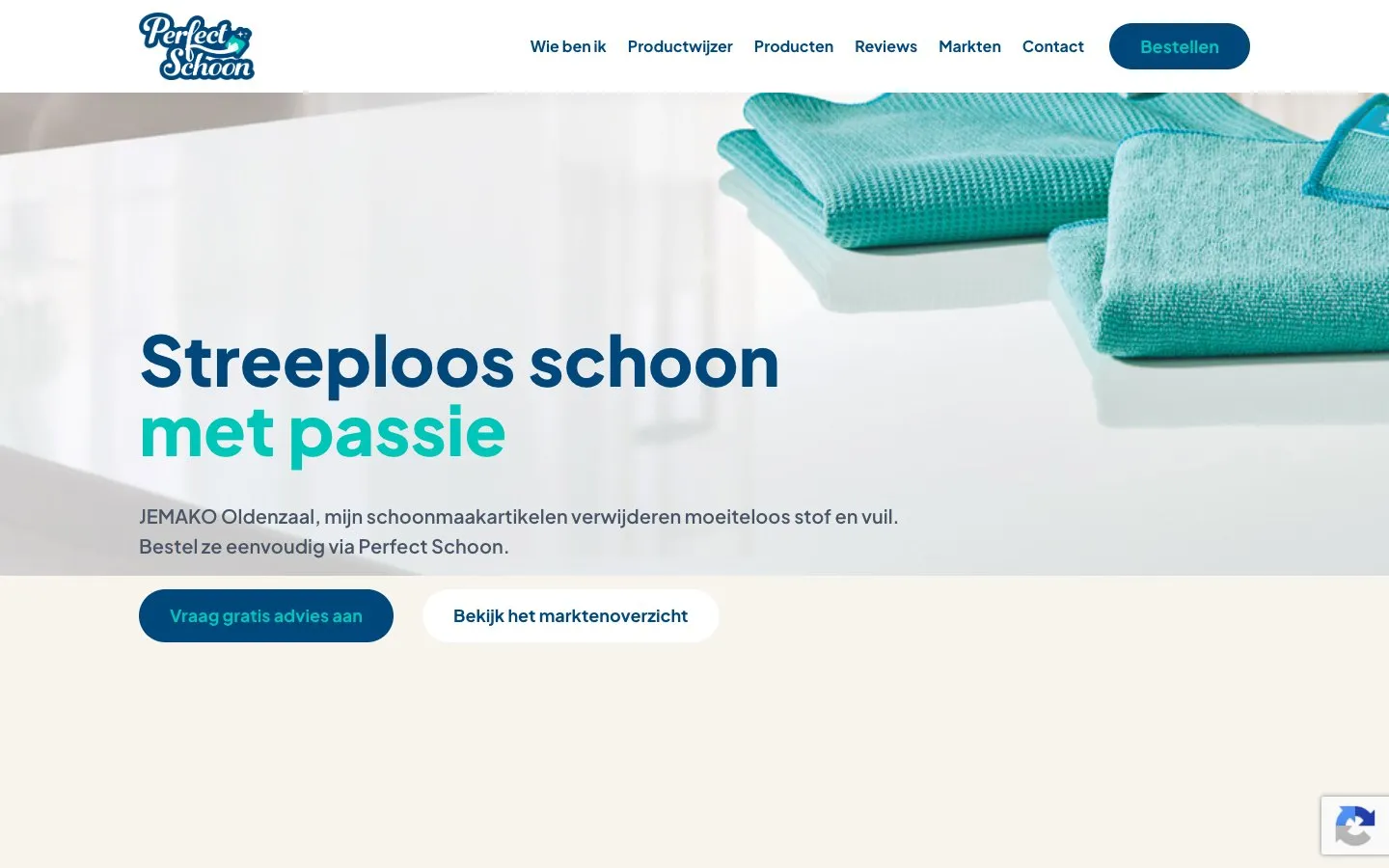 De homepage van Perfect Schoon op desktop, met de kop 'Streeploos schoon met passie'