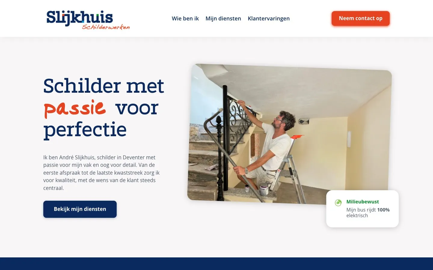 De homepage van Slijkhuis Schilderwerken op desktop, met de kop 'Schilder met passie voor perfectie'