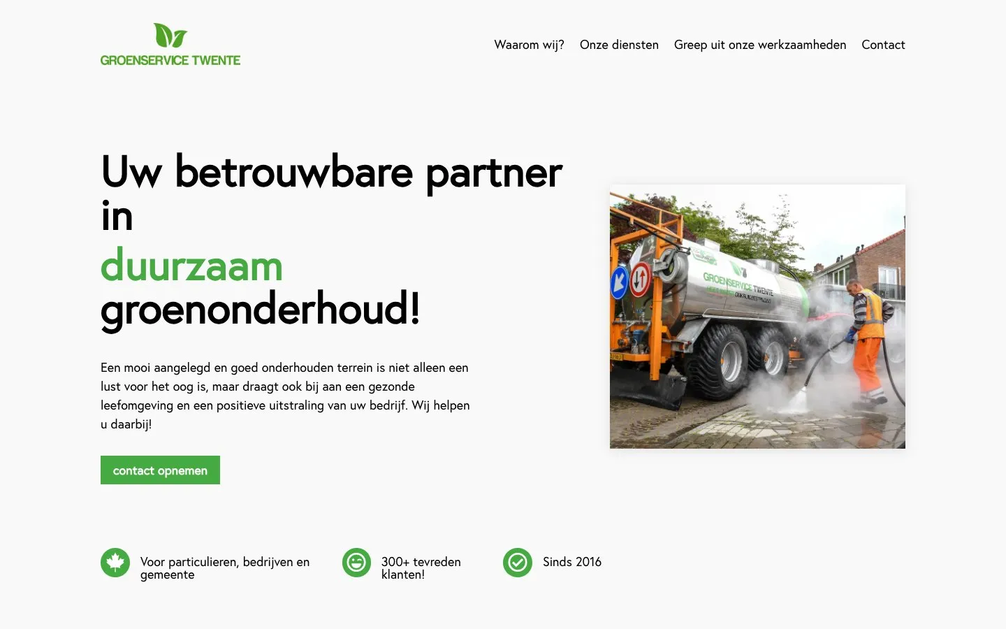 De homepage van Groenservice Twente op desktop, met de kop 'Uw betrouwbare partner in duurzaam groenonderhoud'