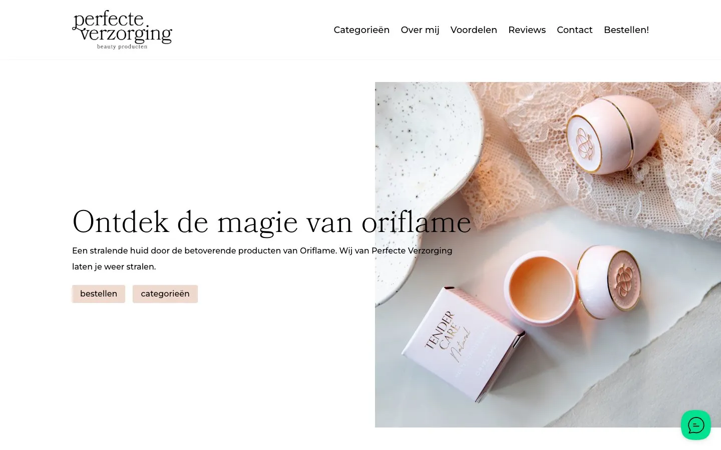 De homepage van Perfecte Verzorging op desktop, met de kop 'Ontdek de magie van Oriflame'