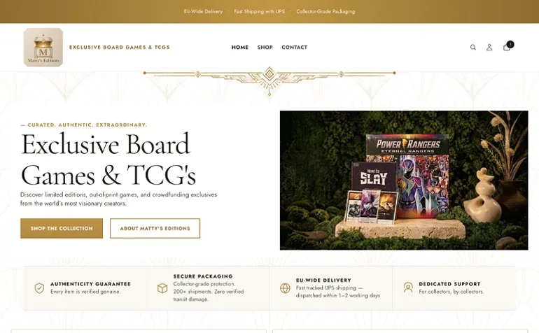 De homepage van de webshop van Matty's Editions, met de kop 'Exclusive Board Games & TCG's'
