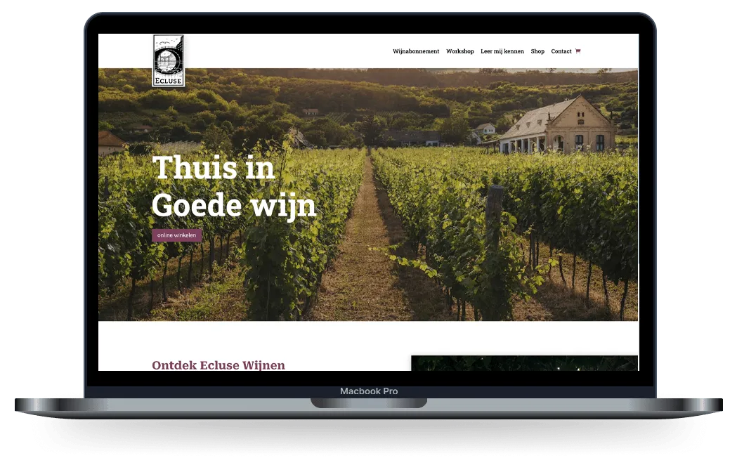 De webshop van Ecluse Wijnen, gebouwd door rscreate, op een laptop