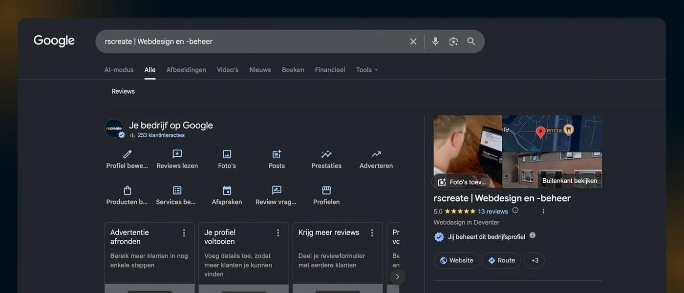 Voorbeeld van een Google Bedrijfsprofiel wat je zelf in beheer hebt