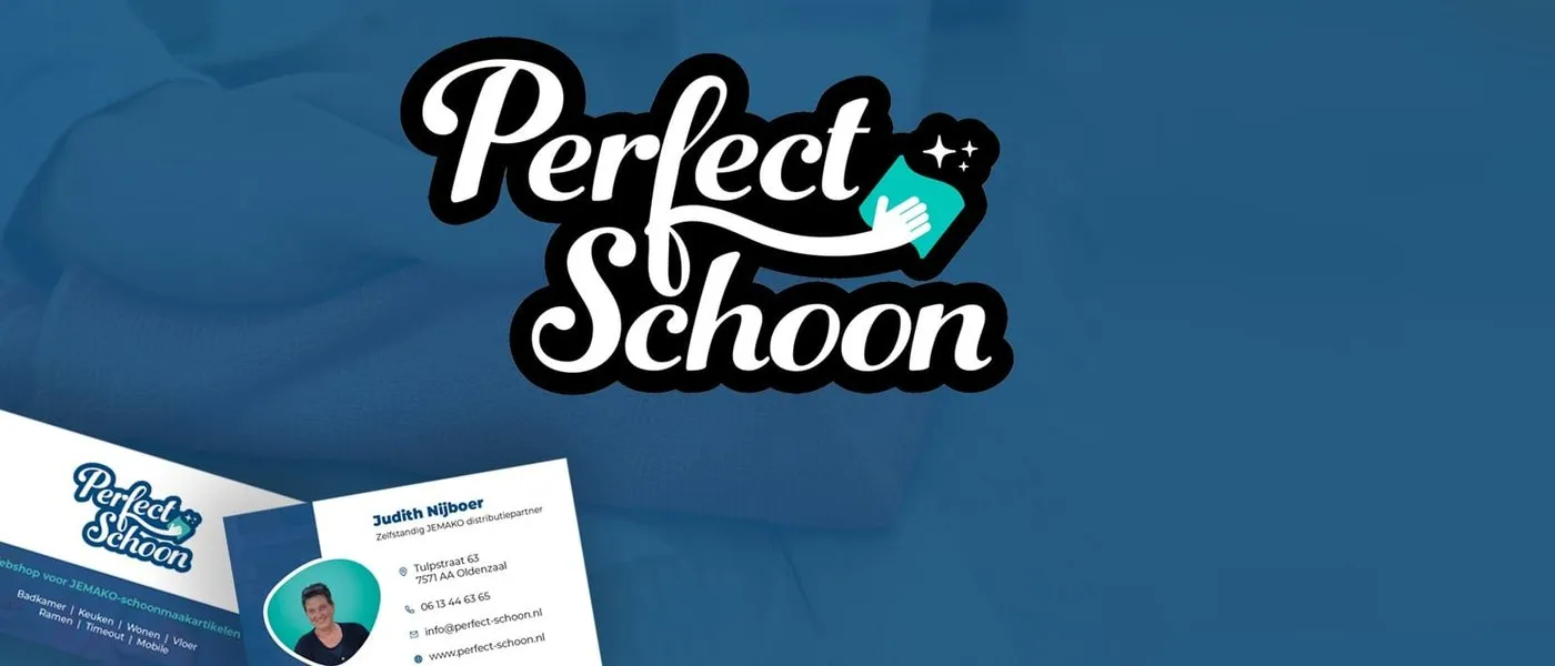 Logo en visitekaartjes van Perfect Schoon in dezelfde huisstijl, ontworpen door rscreate
