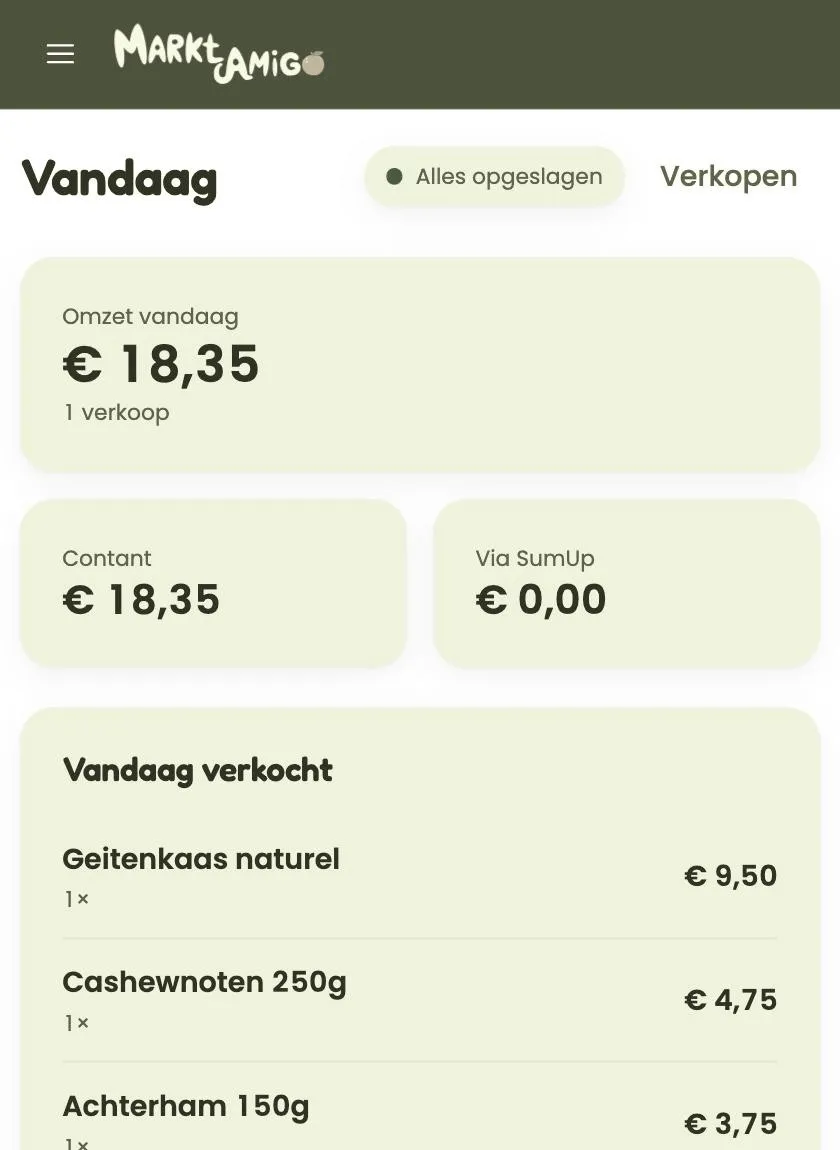 MarktAmigo: het dagoverzicht met de omzet van vandaag, contant en via SumUp