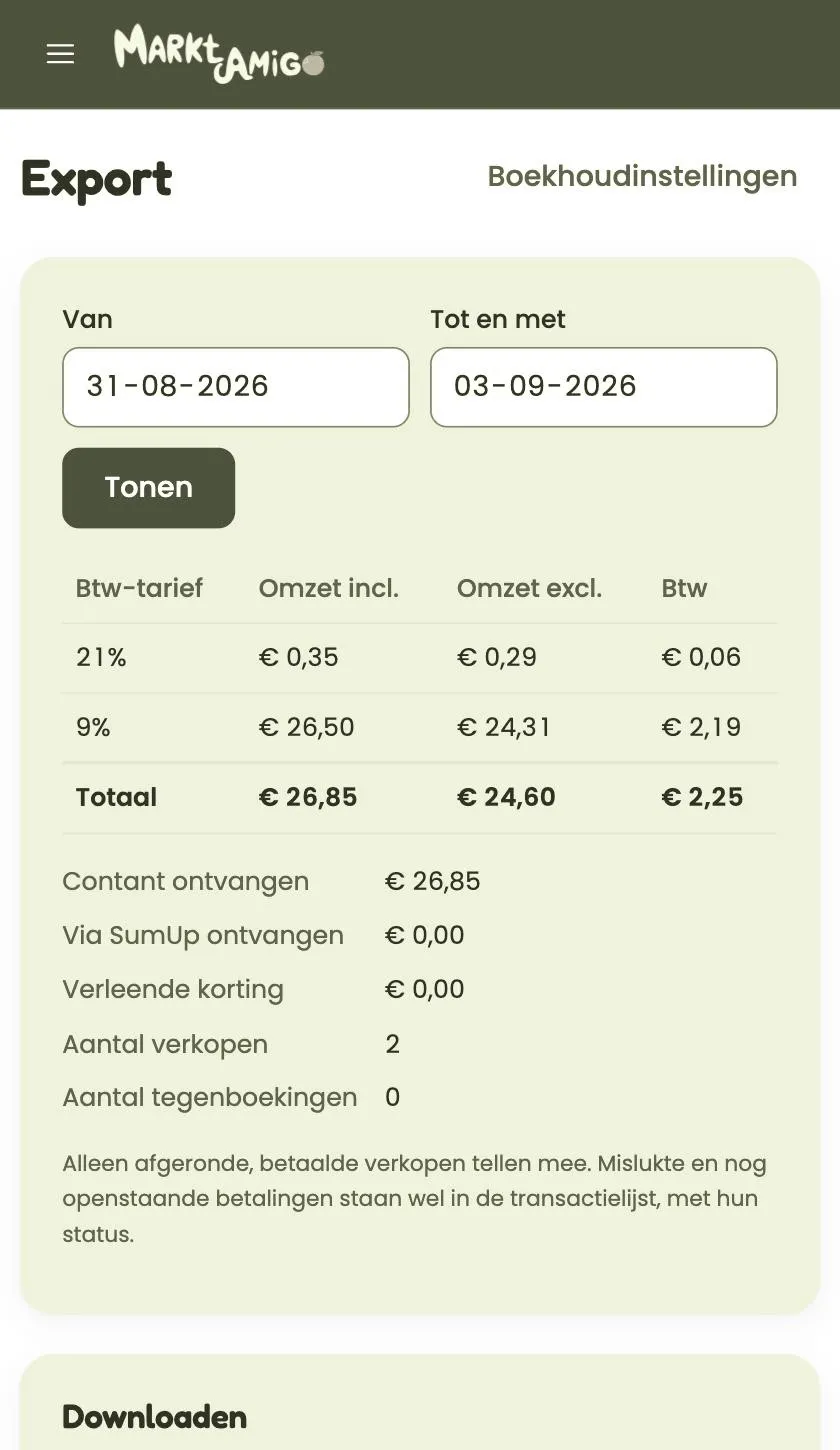 MarktAmigo: omzet per btw-tarief exporteren voor de boekhouding