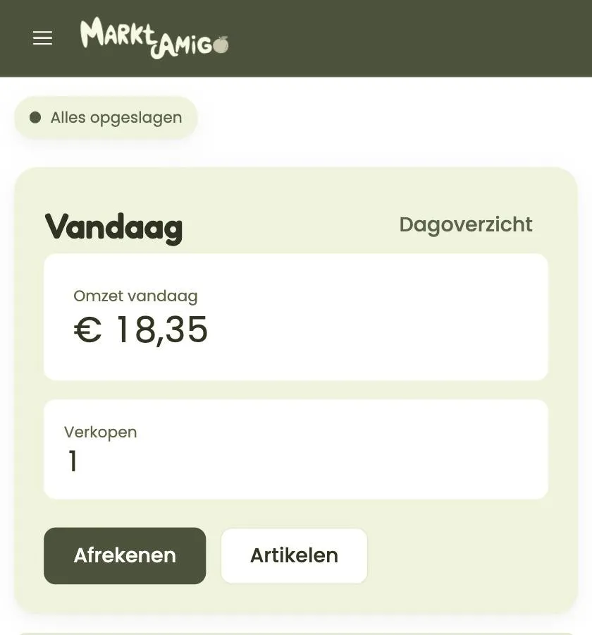 MarktAmigo: afrekenen vanuit het dagoverzicht, met een melding om een pincode op het toestel in te stellen
