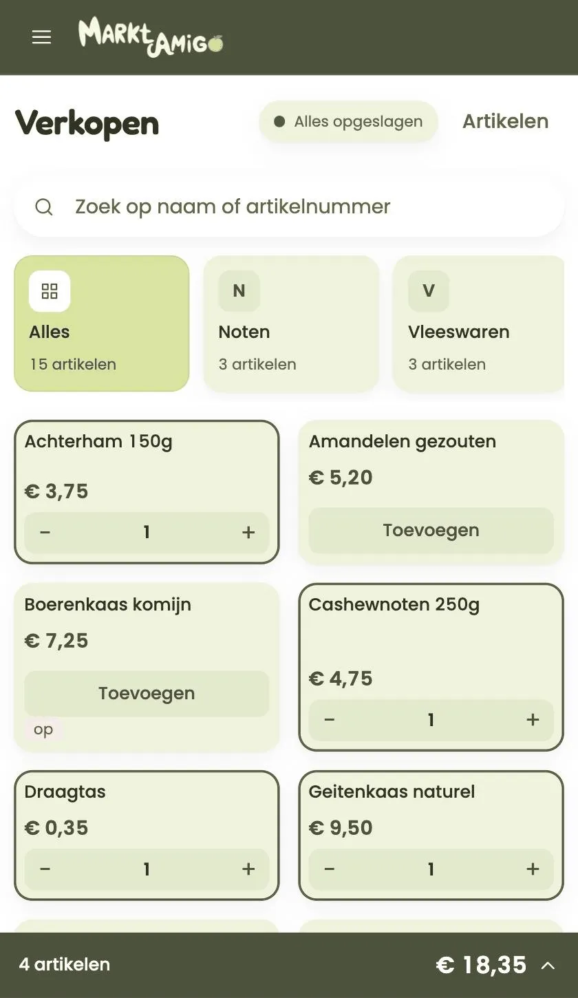 MarktAmigo: artikelen aantikken bij het verkopen, met het totaal onderin