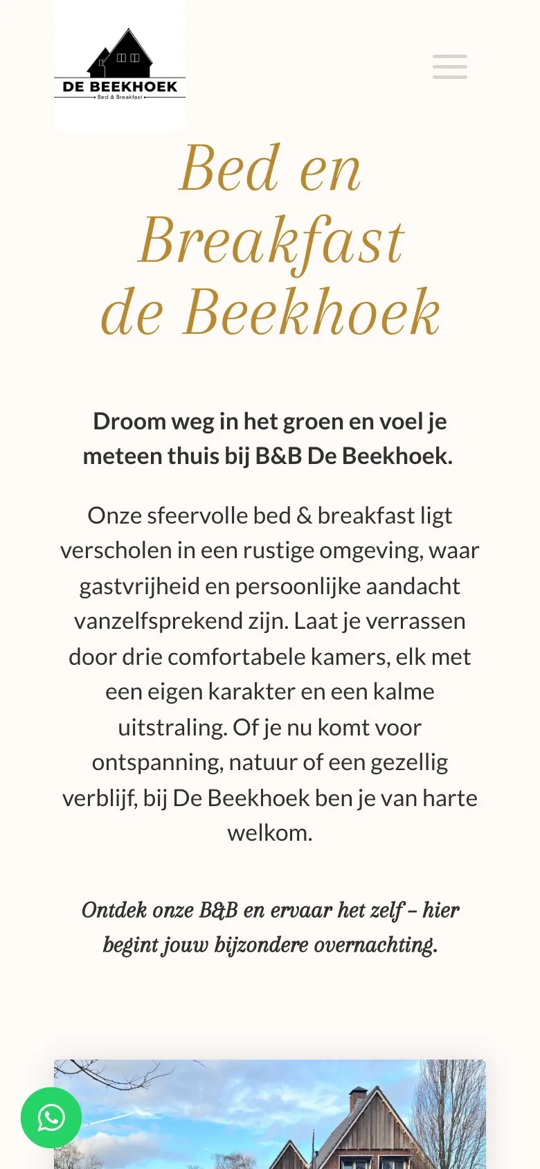 De homepage van B&B De Beekhoek op een telefoon