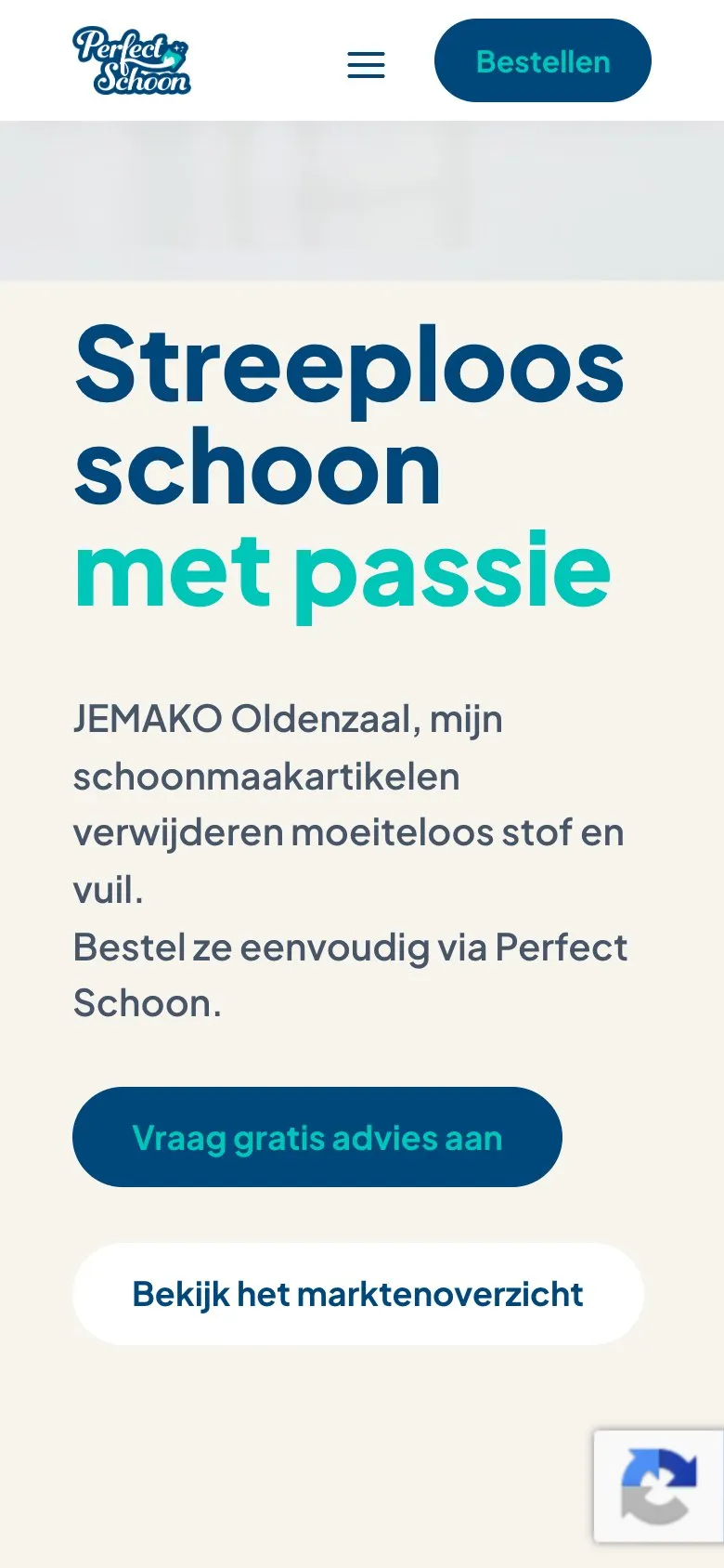 De homepage van Perfect Schoon op een telefoon