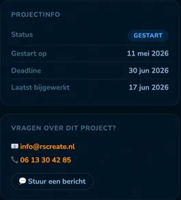 Projectinfo met status, startdatum en deadline, en contactgegevens voor vragen