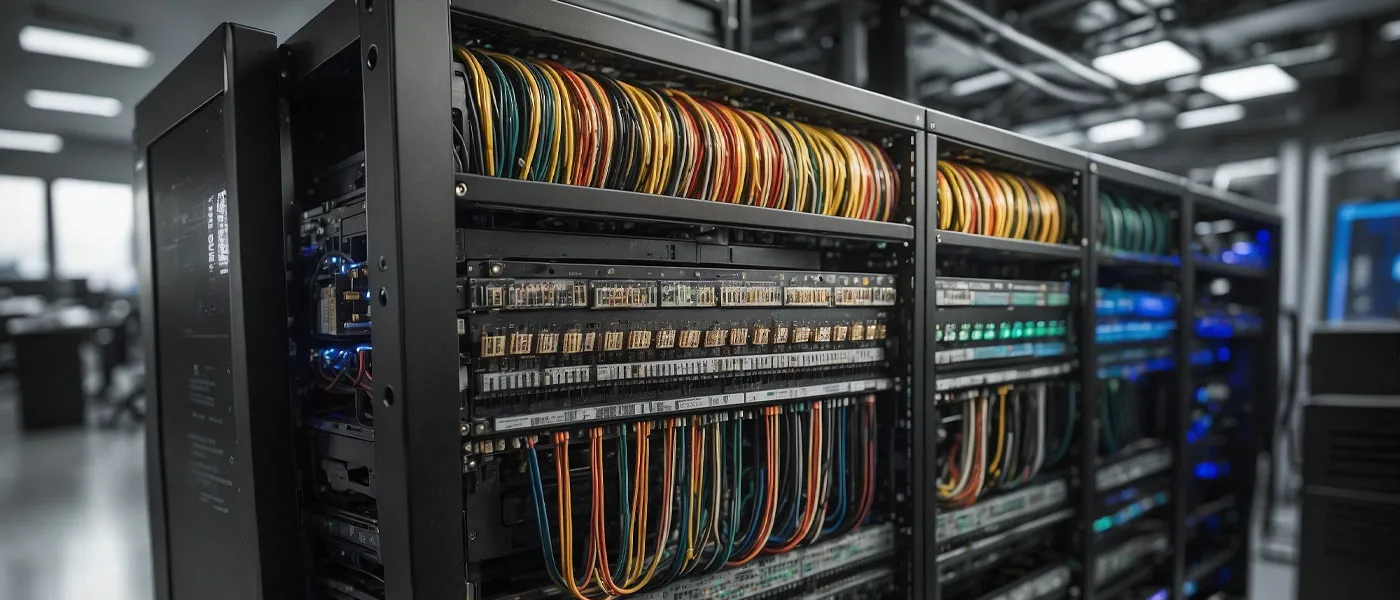 Serverkasten met netwerkkabels in een datacenter, waar je website draait na het webhosting kiezen