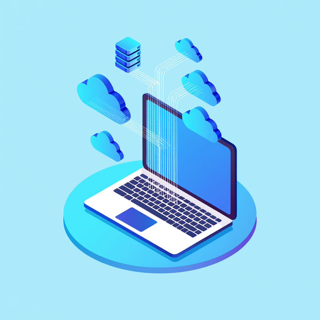 Een laptop met illustraties van webhosting en servers.