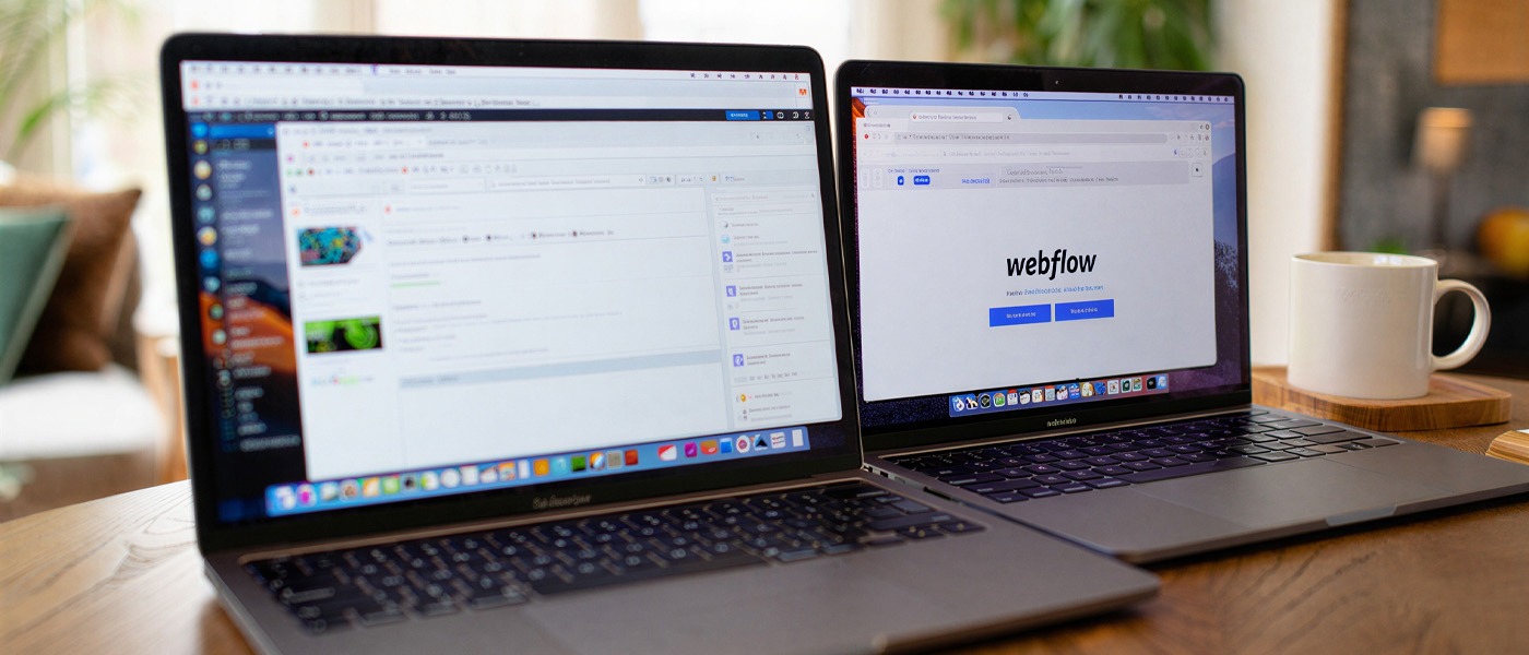 WordPress of Webflow vergelijking op twee laptopschermen